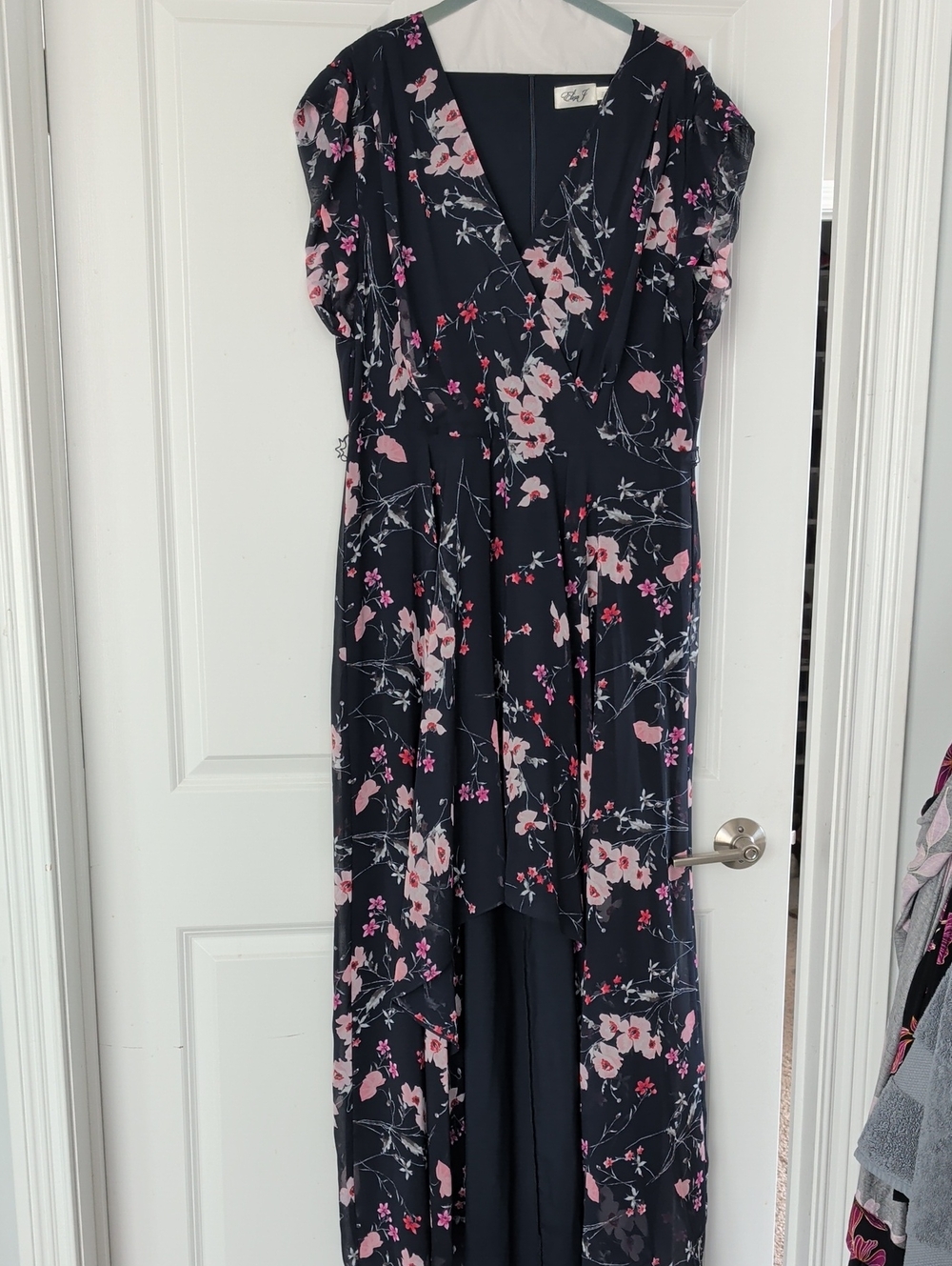 Eliza J Navy Floral High-Low Maxi Dress with Pink Blossoms